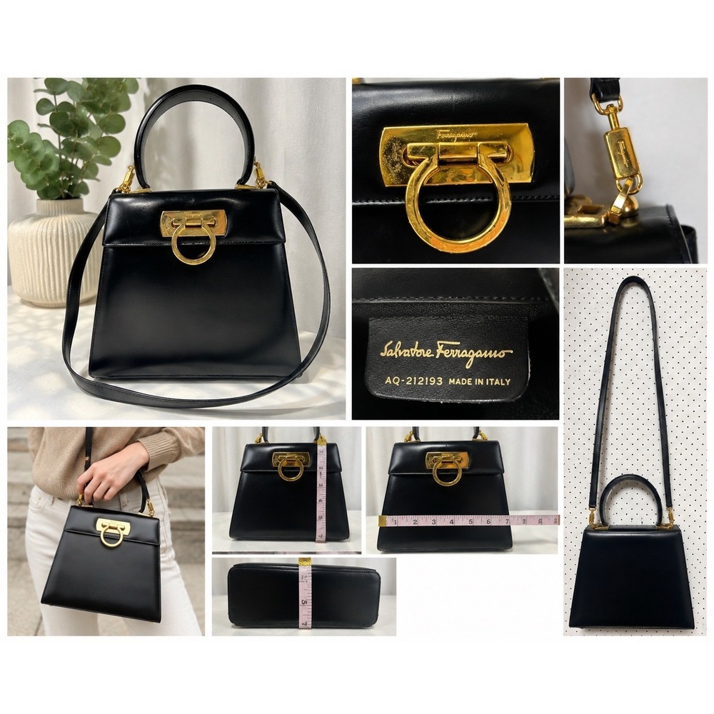 Salvatore Ferragamo AQ-212193 Iconic Gancini Black Leather Top Handle Bag